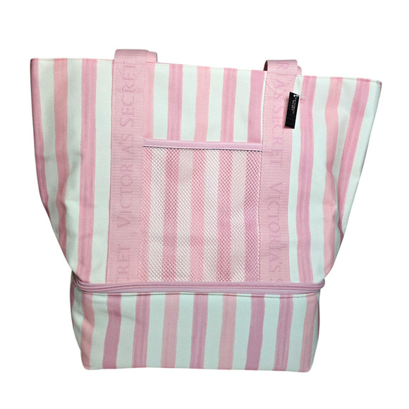 Victoria Secret Pink Cooler Bag Tote White Striped Zipper Insulated New W/ Tags - Picture 1 of 10